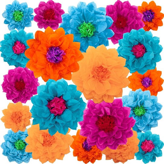 Greentek; 20 Pieces Halloween Mexican Paper Flower Pom Poms Decorations (Bright Color); Category:Halloween Decorations; Image:1